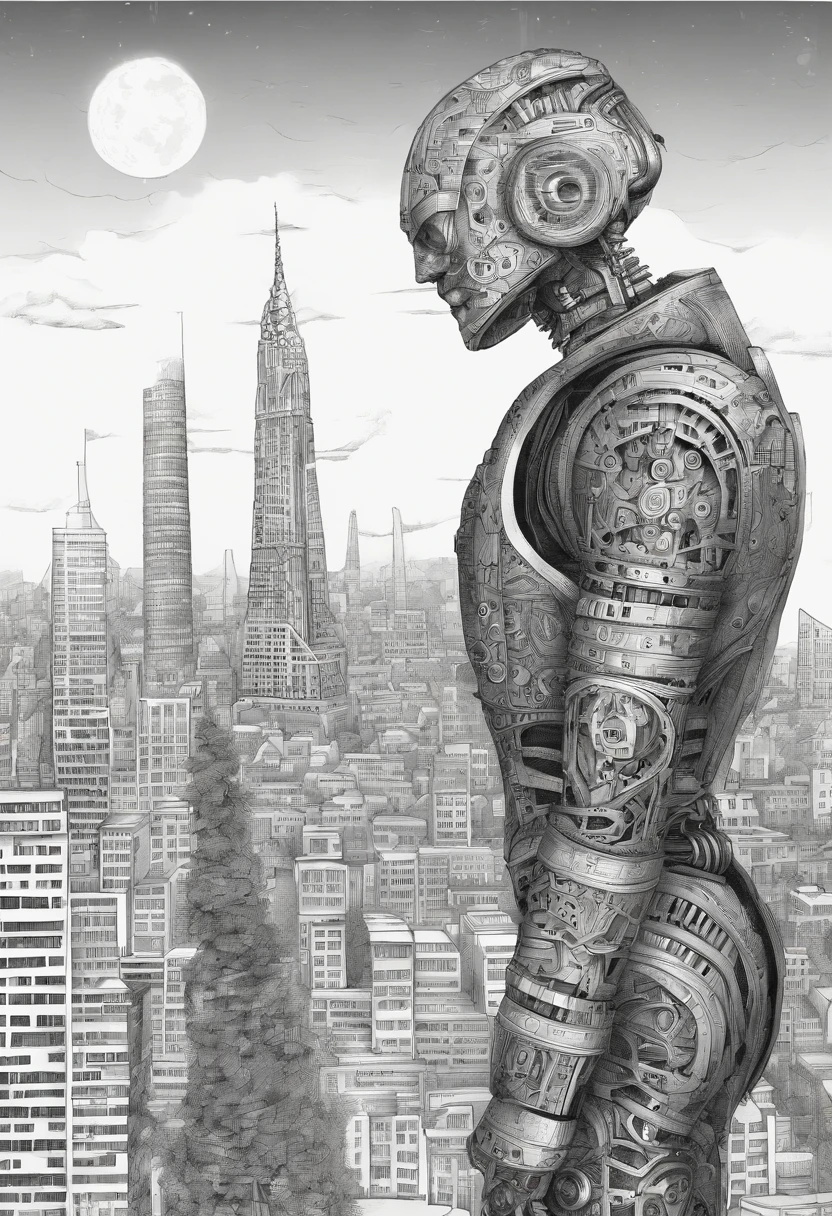 Robot Butler looking at the horizont from a tower, big City in back ground