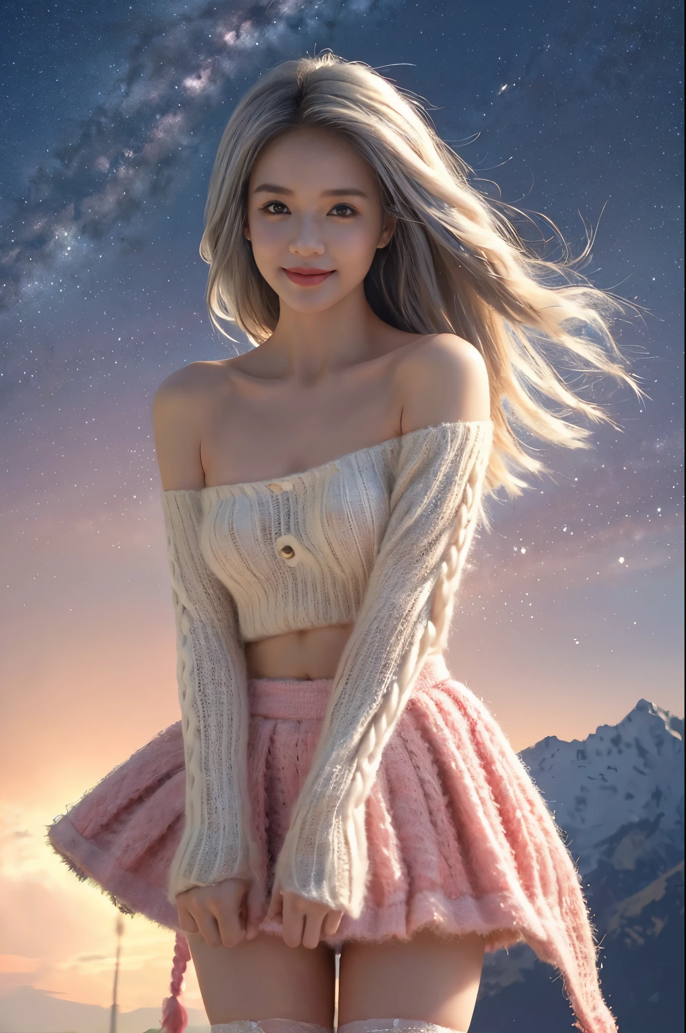 ((tmasterpiece:1.4)、(quality:1.4)、(Realistic:1.7))、Royo(Royo)一个The beautiful girl的超现实肖像、A super beautiful girl、((1 girl in:1.4))、Glowing and natural looking skin texture、Author Royo(Royo)、19years old、(Two arms:1.4、Two legs:1.4)、(perfect anatomia:1.4)、(Perfect female body:1.4)、A portrait photo of a girl、Closeup photo body shot:1.4), (highest quality:1.4), (actual:1.7), Royo, The beautiful girl, A super beautiful girl, ((1 girl in:1. 4), Glowing and natural looking skin texture, Author Royo, 19years old, (Perfect female body: 1.4), (Perfect female body: 1.) 4), A portrait photo of a girl, Close-up photo body photo), Fantasyart, soft front lighting, The beautiful expression, Kawaii face, The beautiful, Large full-breasted: 1. 2, The beautiful butt, Fine Eye, Clear and eye-catching, Beautiful and, pretty eyes, big breasts thin waist, RAW photogr, Redlip, ((White hair, long whitr hair)) , 1 screen view, ),((Off-the-shoulder hand-knitted sweater))、((Pink tight skirt))、 (sexyposture), (Milky Way in the sky),((T-back garters and garters))、(A smile)、