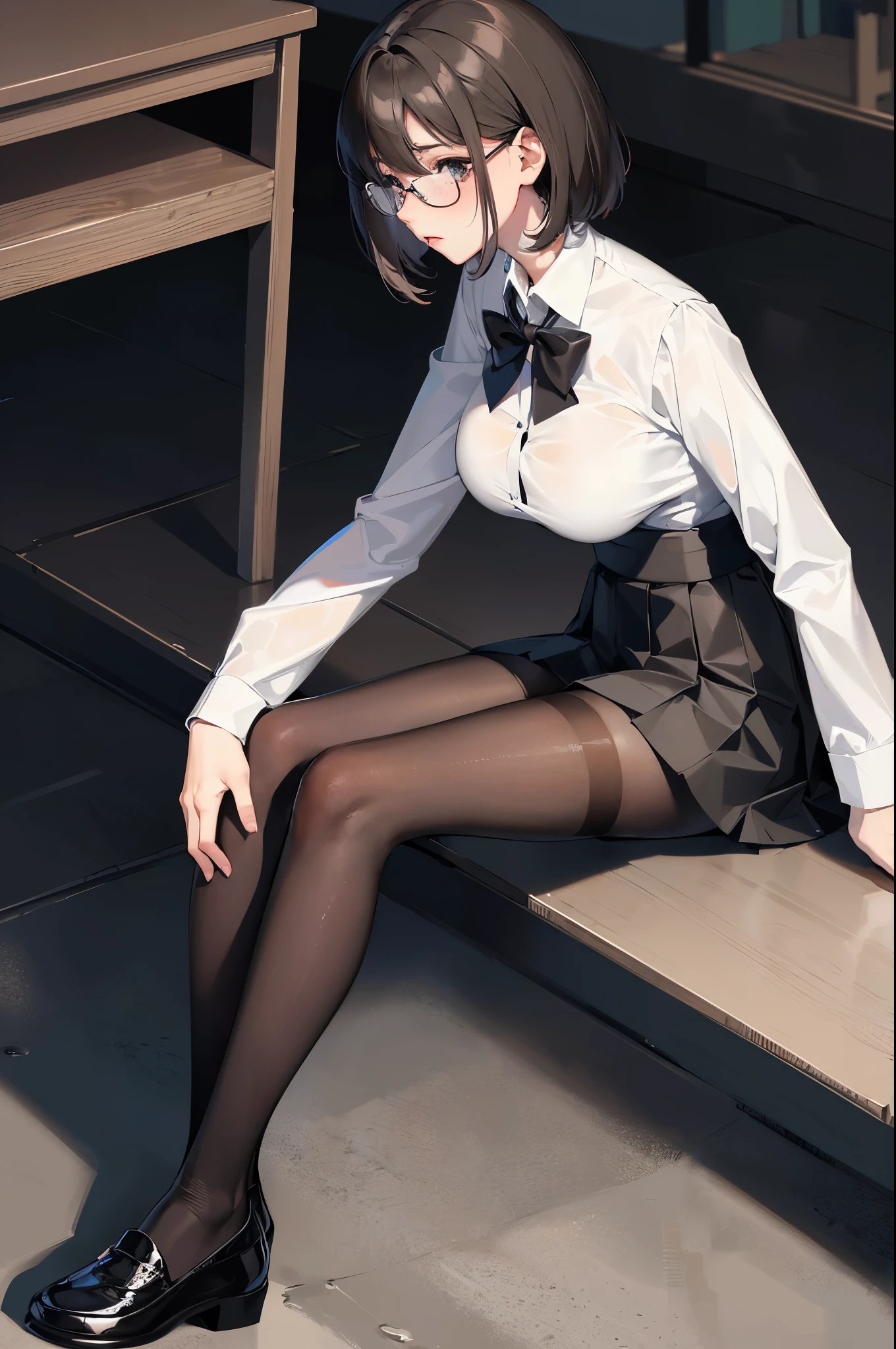 1 Japanese girl, glasses, blush, full body, sitting, angle from the side, (slim body:1.2), (huge breasts:1.1), (slender legs:1.1), short hair, black hair, school uniform, white long sleeve shirt, pleated skirt, (black tights:1.1),