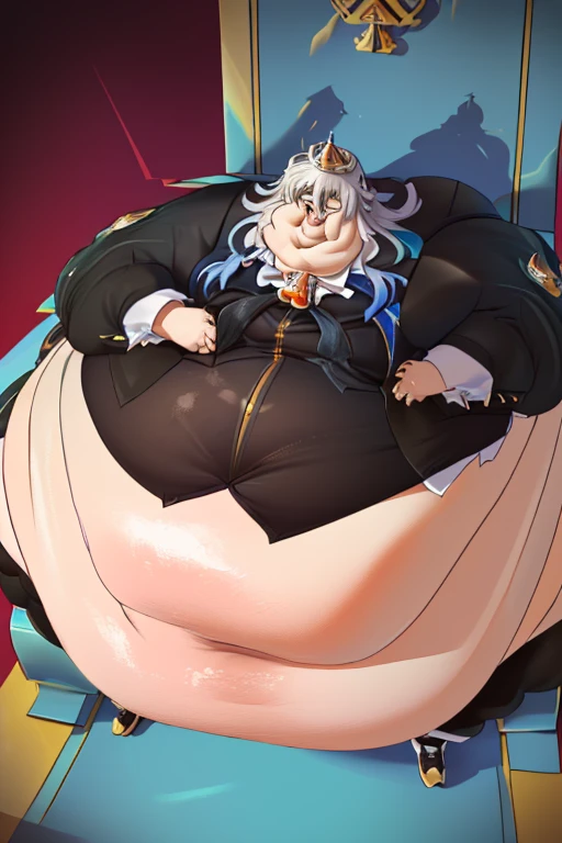 masterpiece, best quality, 1boy, neuvillette, long hair, blue hair, suit ,Pants,ascot, ((Better face and Eyes:1.7)), background: throne room ,(high_aesthetic), fat ,((Weight Immobile:1.8)), (Wide Hips:1.9), ((Thick thighs:1.6)), (Giant ass:1.8), Embarrassed, being Surrounded by food , Ripping Clothes:1.4)),(( fat blob body:1.8)),(( Ginormous belly :1.7)), Fat face:1.4, ((too big for the Throne under Him:1.7))