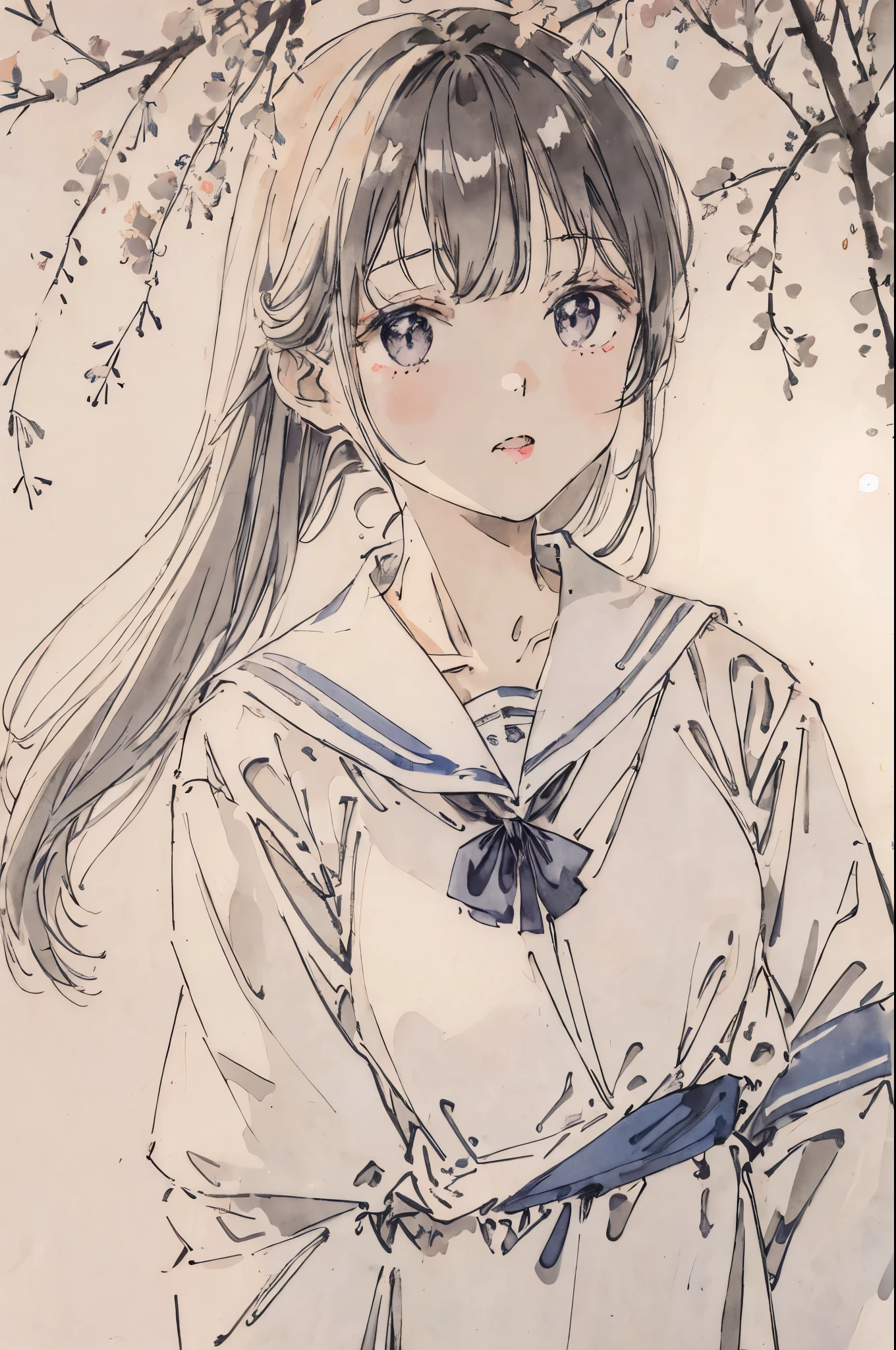 Anime girl with long hair and blue dress standing under a tree - SeaArt AI