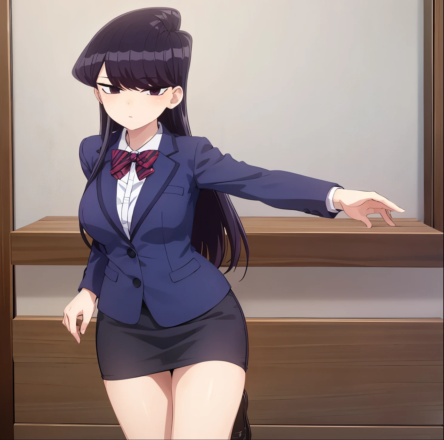 pixel-Komi-Shouko, from front , masterpiece, best quality , 1girl, alone,suit, office lady, pencil skirt, office desk, Good hands, good anatomy