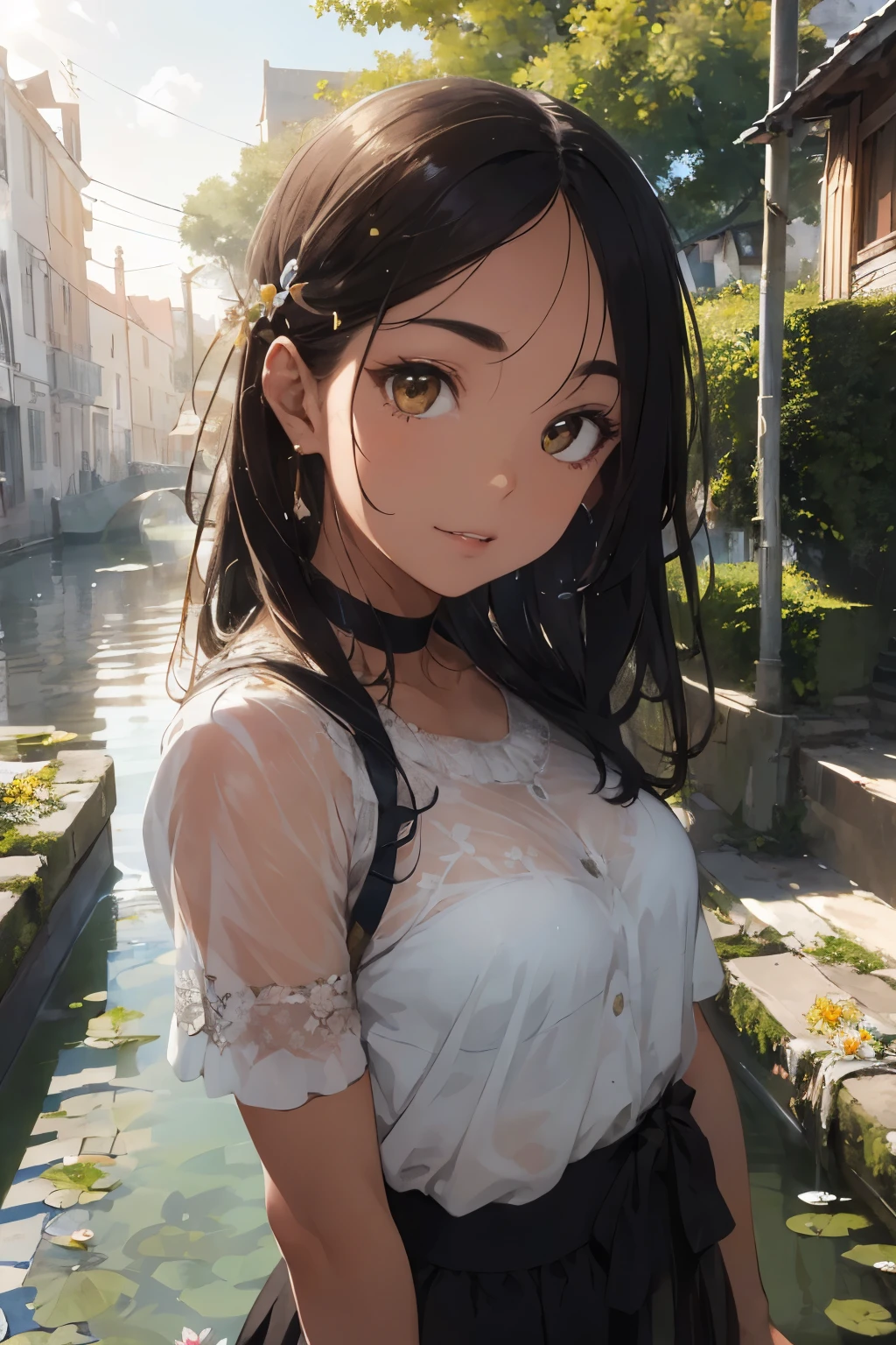 ((best quality)), ((masterpiece)), (detailed), perfect face A beautiful woman with a beautiful indian face bathed in a canal with water droplets dotting her skin. There are lotus flowers in the canal. The sunlight hits the skin beautifully, the environment is suitable and realistic.
