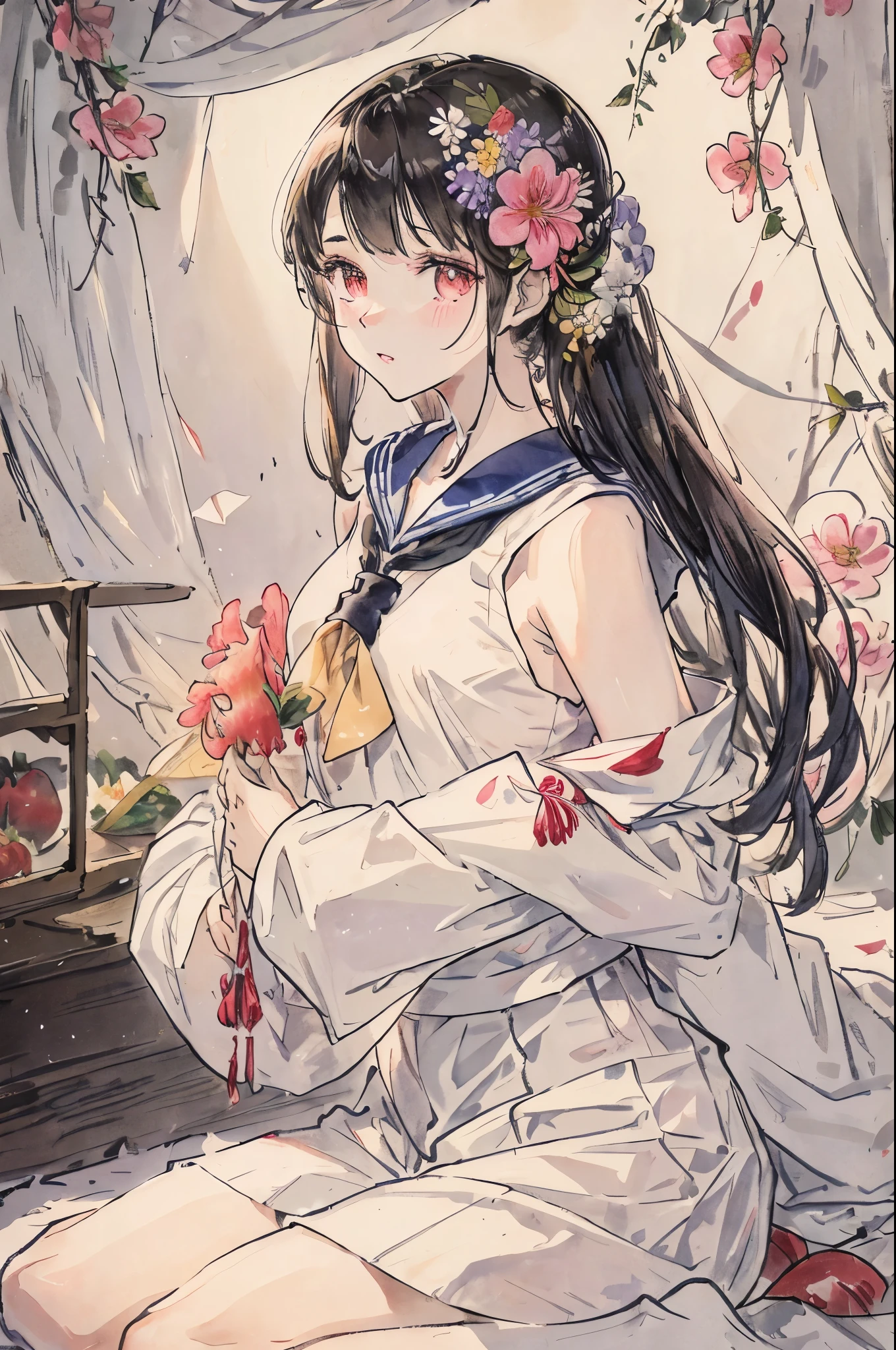 a sailor suit、a pale、A dark-haired、paler、Soft lighting、Photo Studio、Shoulders are out、lots of flower、flower fruit