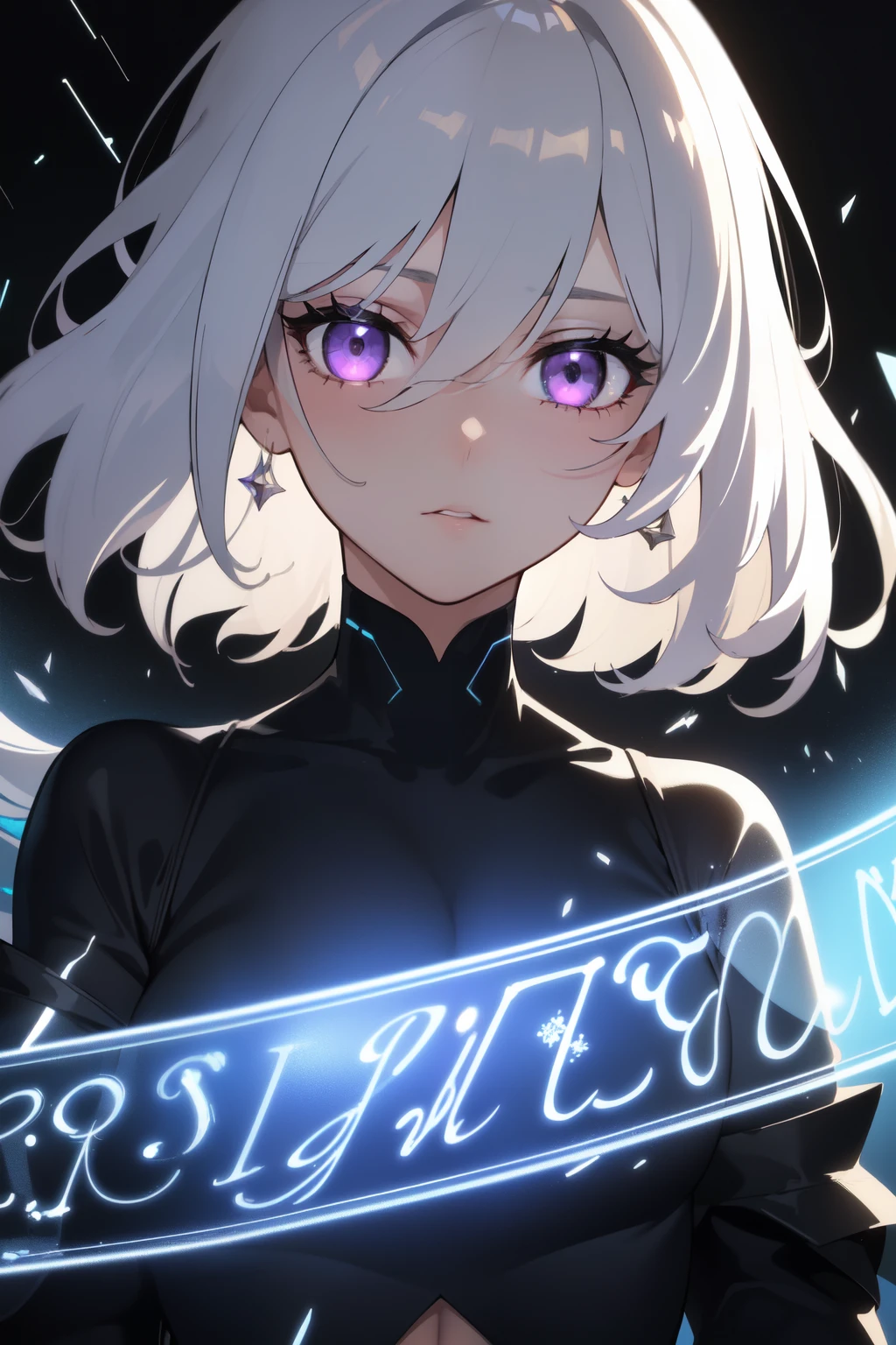 cute girl, silver hair, blunt bangs, (short bangs above brows), silver framed glasses, wearing black shiny seamless leather bodysuit, evil smile, green eyes, magic spell text effects, foggy effects
