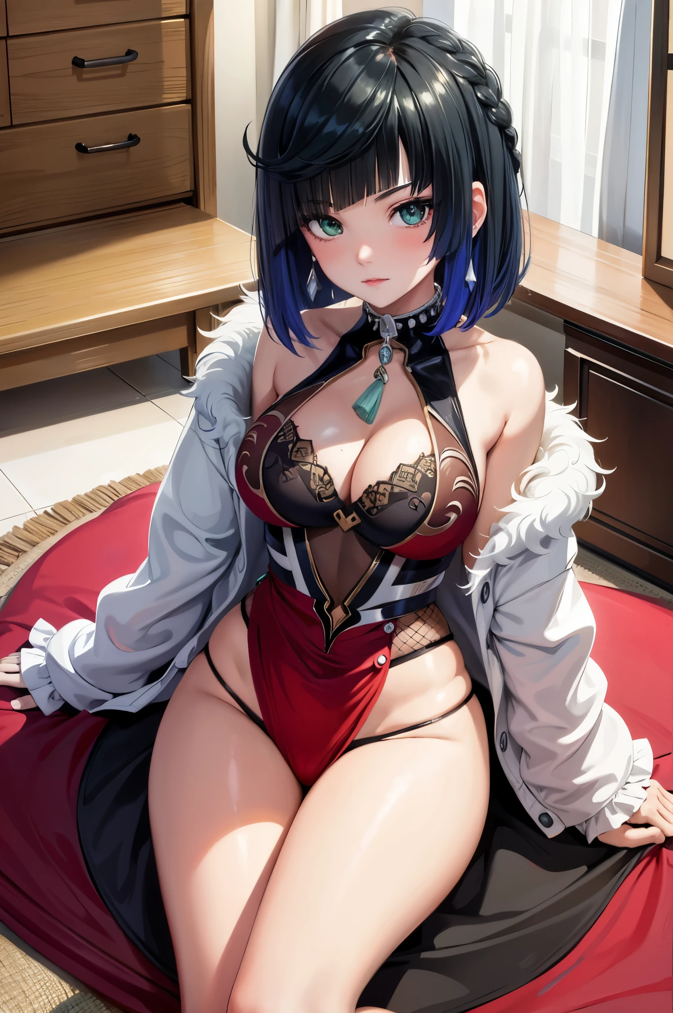  body, sensual cleavage, skin-tight red dress, round breasts, thick thighs, Ultra HD, 4k image, character close-up camera, V-shaped panties, panties below the waist, Best image quality, artistic cousin, 超高分辨率, (Fidelity: 1.4), photore, 1girll, light green eyeballs, eyelashes, beautiful pupil, shadows, light blush, delicate facial features, reasonable facial features, bare shoulders exposed