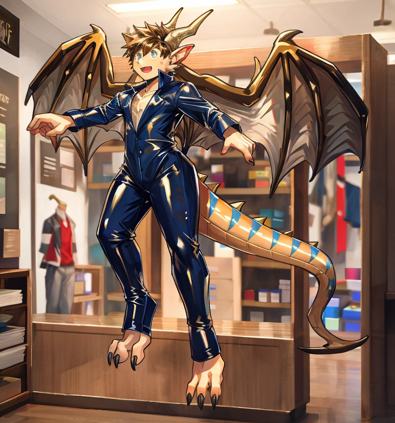 there is a drawing of a shiny red yellow latex dragon costume encasing a young man, latex goo coating, human latex dragon suit fusion, as an anthropomorphic dragon rubbersuit, inside latex animal costume store suspended from latex dragon suit display rack, young male anthro human latex dragon hybrid, dragon-shaped human, living suit, interior of costume shop filled with latex monster costumes, on display among various latex beast costumes