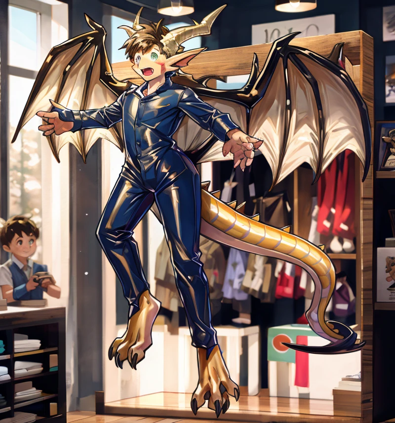 there is a drawing of a shiny red yellow latex dragon costume encasing a young man, latex goo coating, human latex dragon suit fusion, as an anthropomorphic dragon rubbersuit, inside latex animal costume store suspended from latex dragon suit display rack, young male anthro human latex dragon hybrid, dragon-shaped human, living suit, interior of costume shop filled with latex monster costumes, on display among various latex beast costumes