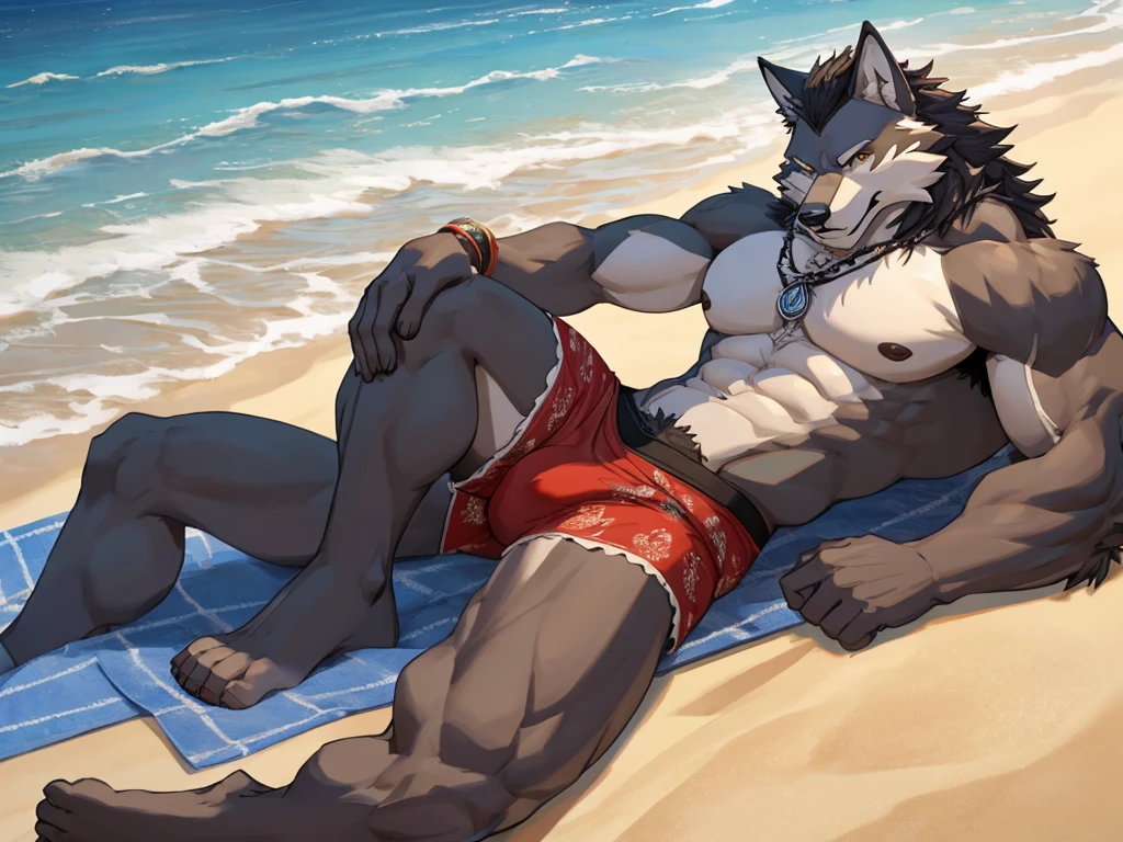 Um lobo musculoso incrivelmente bonito e gostoso com asas gigantes negras em uma pose sexy apenas de cueca em um praia linda.