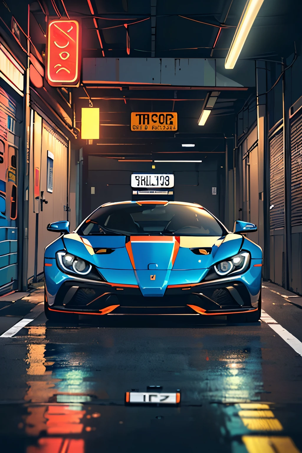 (((poster style with neon colors and neon lines of 1 futuristic sports car parked in front of a garage, vehicle, full body photo, wide angel, sport car, highlight, album, slr, sportcar, vehicle photography, full view of a sport car, new vehicle, exotic, poster photo, formulae, wheels, high detail, glowing light, masterpiece, ccurate, textured skin, super detail, high quality, award winning, highres, 4K, 8k, ((( no people))), (((No license plate)))