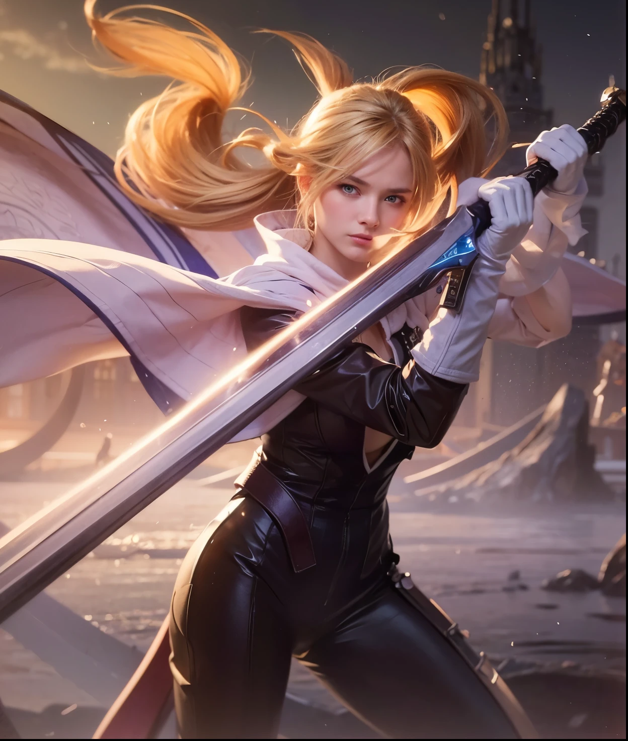 blond haired woman in a short dress holding a sword and a sword, style 4 k, naruto artstyle, style artgerm, style artwork, epic style, high quality artstyle, high quality fanart, saiyan girl, extremely detailed artgerm, epic artwork, wallaper, styled digital art, style digital art