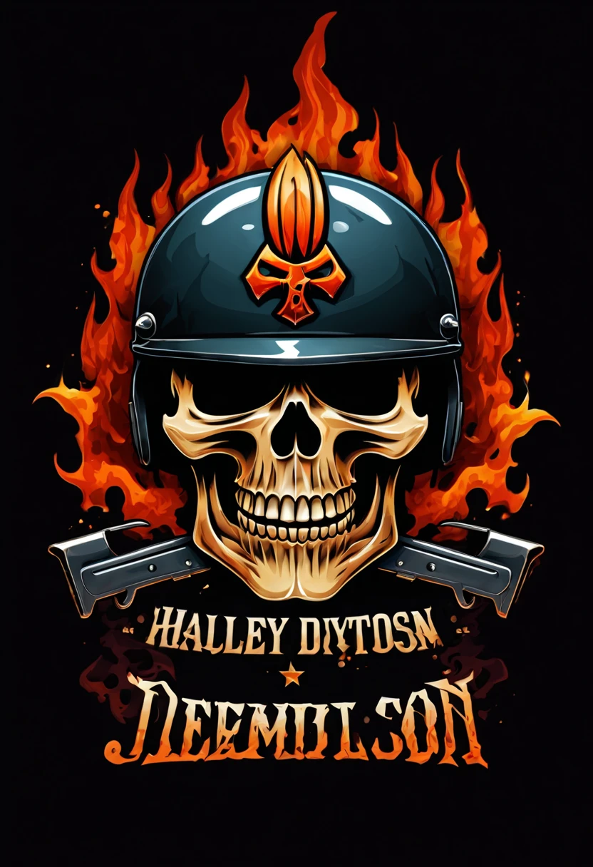 Harley Davidson logo design,t shirt design,beefy style,design only,white background,no model,professional,high contrast,high-res,ultra-detailed,vivid colors,metallic accents,sharp focus,edgy,dynamic composition,gritty texture,rough brush strokes,mechanical elements,chrome effect,classic typography,retro style,distressed look,aggressive lines and curves,3D rendering,striking visual impact,dark shadows,strong branding presence,monochromatic palette,industrial aesthetic, helmet samurai /imagine prompt: skull fire with gun llustration for a logo with a black background, in bold outline style, jagged edges, trashcore, light shading --v 5.2