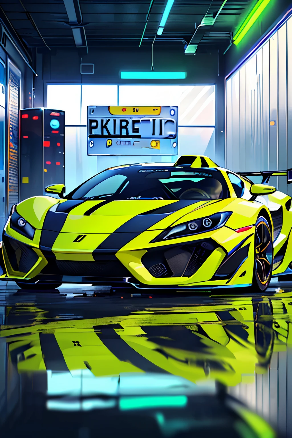 (((poster style with neon colors and neon lines of 1 futuristic sports car parked in front of a garage, vehicle, full body photo, wide angel, sport car, highlight, album, slr, sportcar, vehicle photography, full view of a sport car, new vehicle, exotic, poster photo, formulae, wheels, high detail, glowing light, masterpiece, ccurate, textured skin, super detail, high quality, award winning, highres, 4K, 8k, ((( no people))), (((No license plate))), ((( no text)))