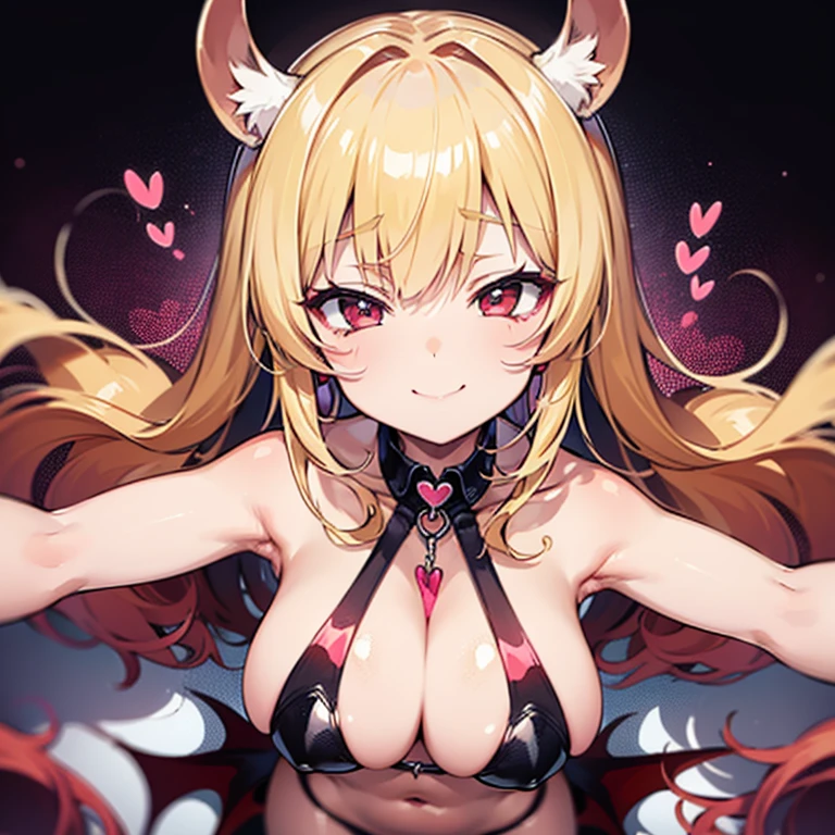 Succubus　Seduction poses　Erotic body　　kawaii faces　Enchanting face　Pose with open arms　heart mark　A slight smil　Peachy Hair　Eyes are hearts　4-arm　Charm Magic　Angle from above　Angles from up close　Handstand