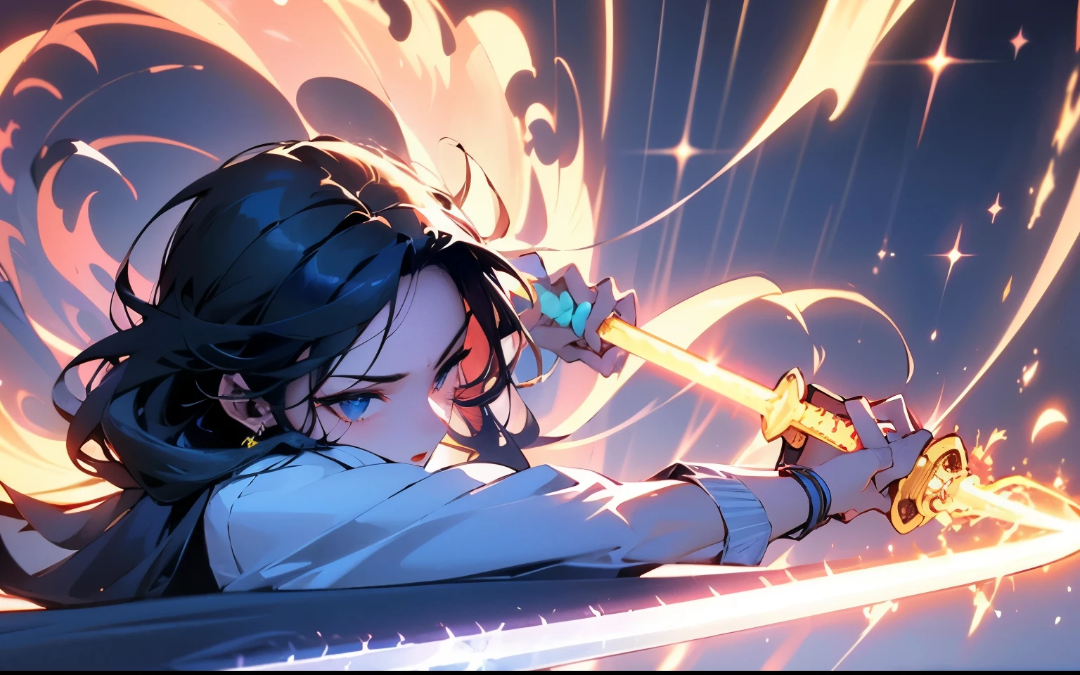 sword,weapon,1boy,solo,black hair,jewelry,holding sword,holding,holding weapon,earrings,looking at viewer,long hair,glowing,floating hair,upper body,japanese clothes,katana,closed mouth