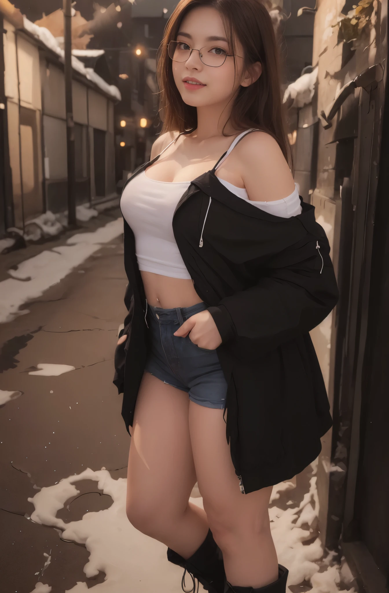 masutepiece, Best Quality, Illustration, Ultra-detailed, finely detail, hight resolution, 8K Wallpaper, Perfect dynamic composition, Beautiful detailed eyes, Off-shoulder t shirt and mini shorts,Bob Hair, mid-chest, Natural Color Lip, Random and sexy poses,Smile,20 years girl　Colossal tits、nightclub、sheer body stockings、