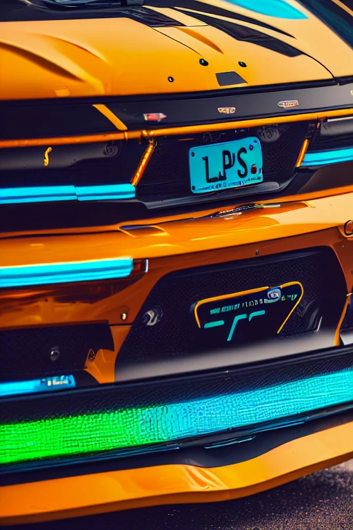 (((poster style with neon colors and neon lines of 1 futuristic sports car parked in front of a garage, vehicle, full body photo, wide angel, sport car, highlight, album, vehicle photography, full view of a sport car, new vehicle, exotic, poster photo, formulae, wheels, high detail, glowing light, masterpiece, ccurate, textured skin, super detail, high quality, award winning, highres, 4K, 8k, ((( no people))), (((No license plate))), ((( no text)))