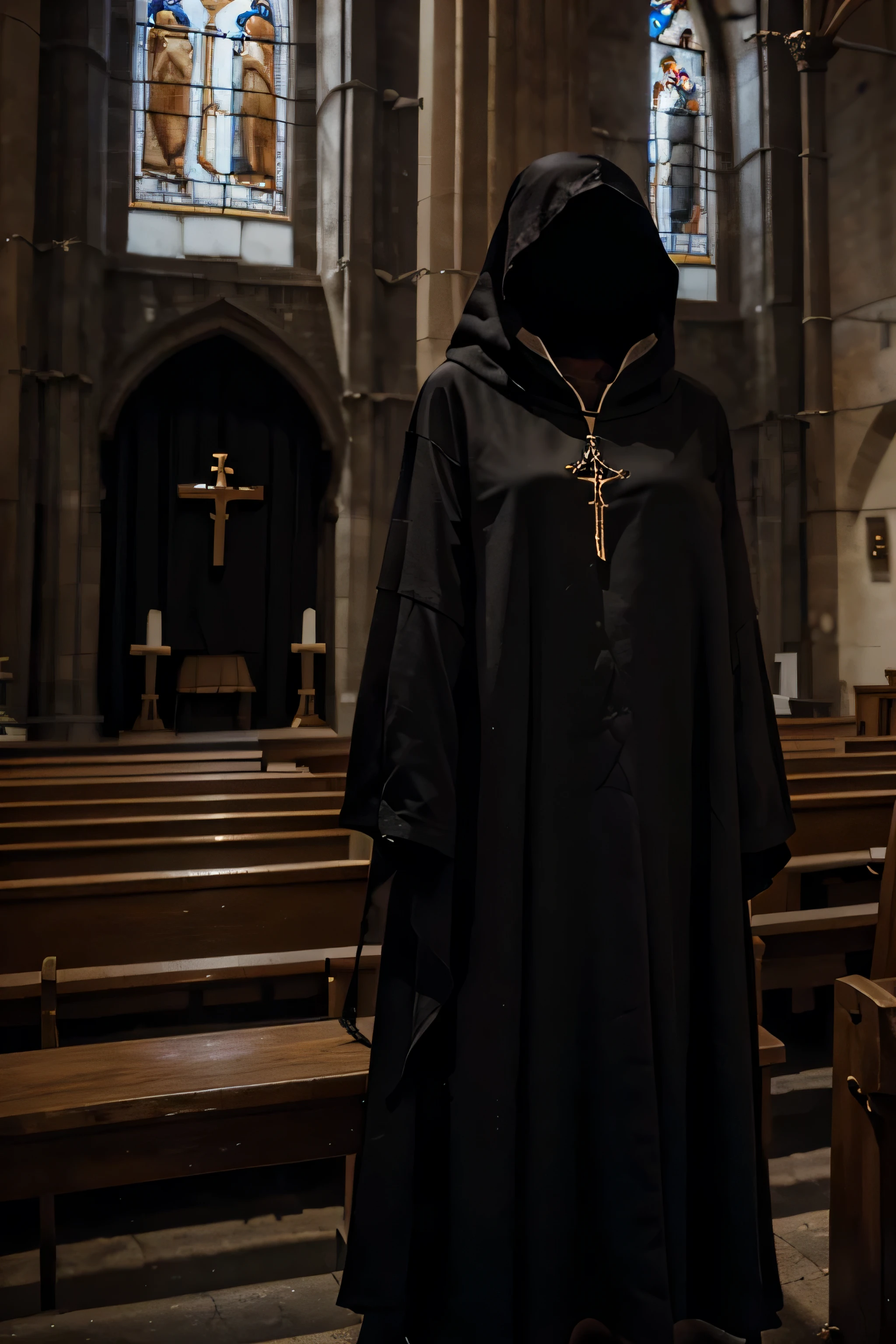 Priestess Outfit hung up, backroom of church, hooded priestess outfit, empty, no people, inside of outfit completely blackened