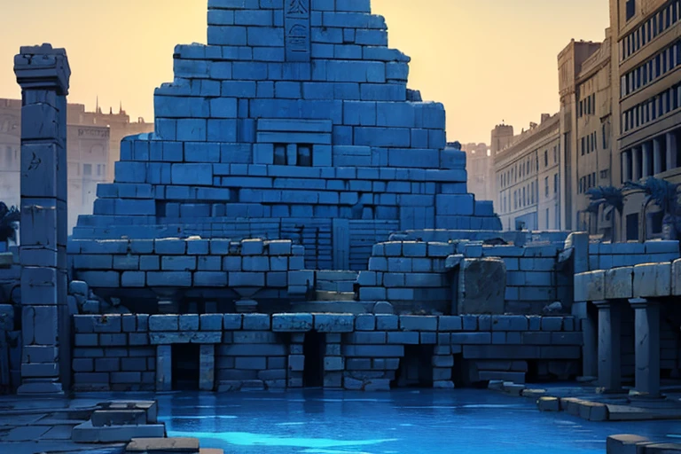 (masterpiece), ancient egyptian city made of blue stone, (blue stone bricks), massive, highly detailed, buildings, city, everything is blue