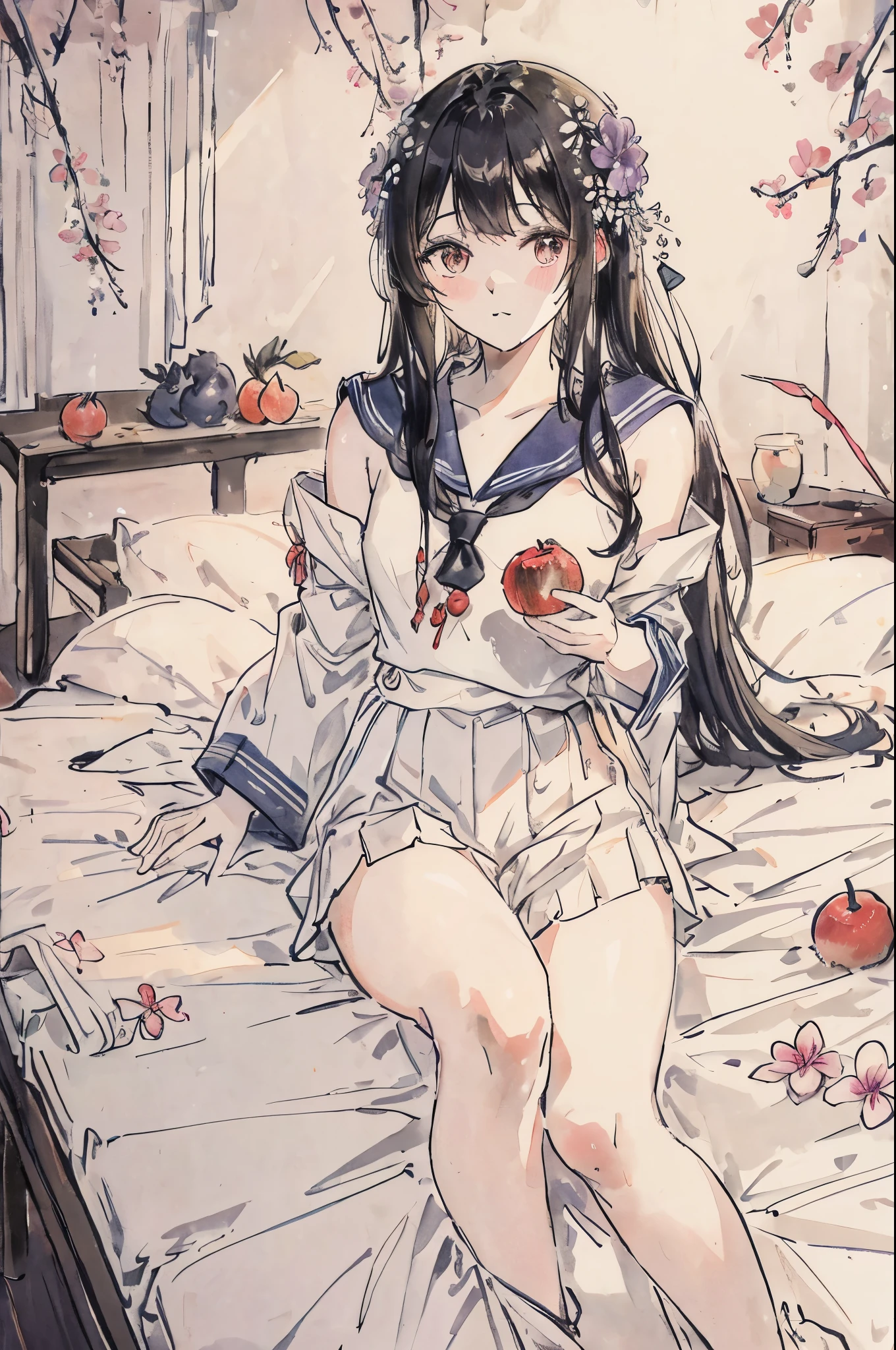 a sailor suit、a pale、A dark-haired、paler、Soft lighting、Photo Studio、Shoulders are out、lots of flower、flower fruit、on the beds