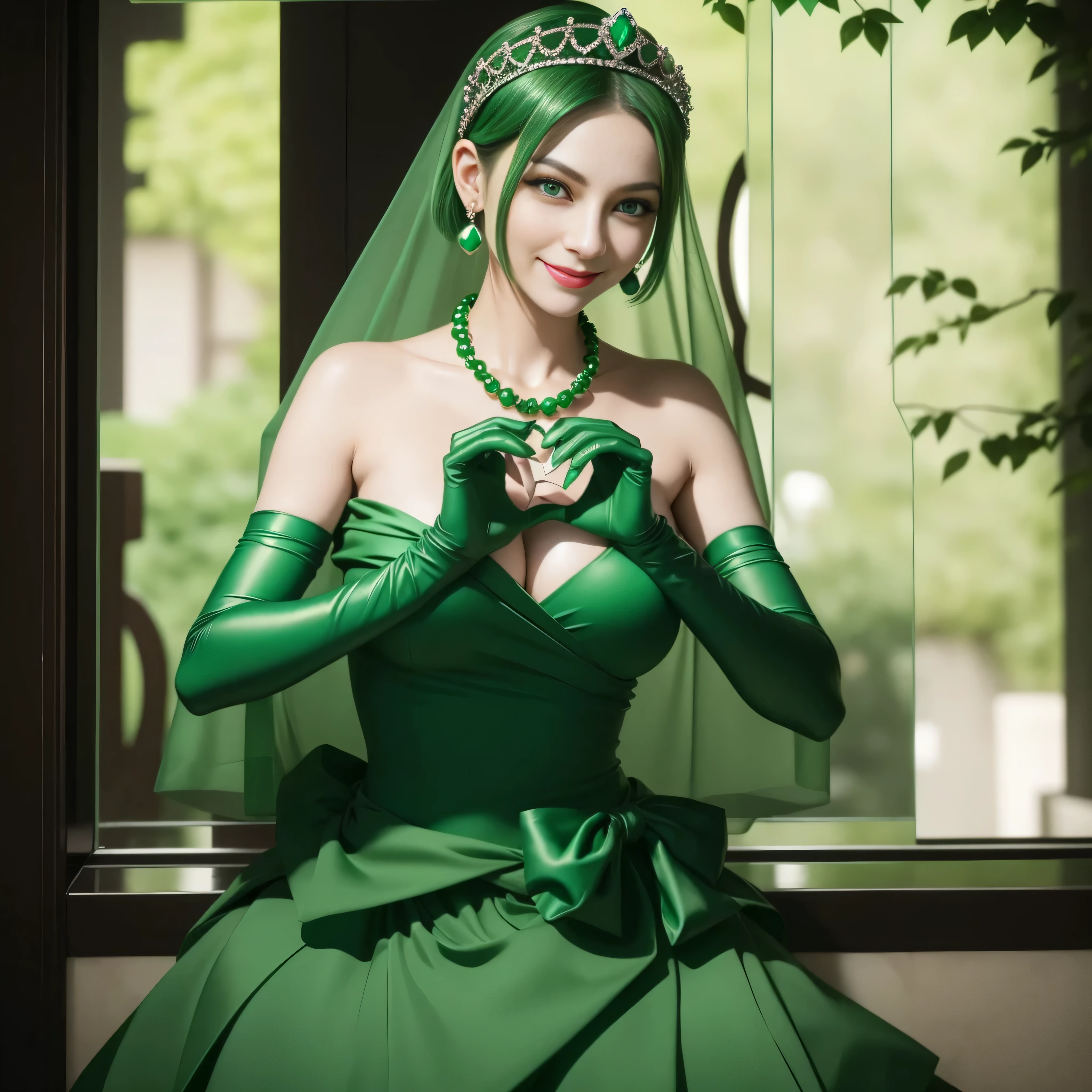 emerald tiara, Green Pearl Necklace, Boyish very short green hair, lipsticks, Japan woman smiling, very short short hair, big breasts beautiful, Green eyes, Long green gloves made of satin material, Green eyes, Emerald Earrings, green vale, 両Heart in the hand, Heart in the hand, Green hair