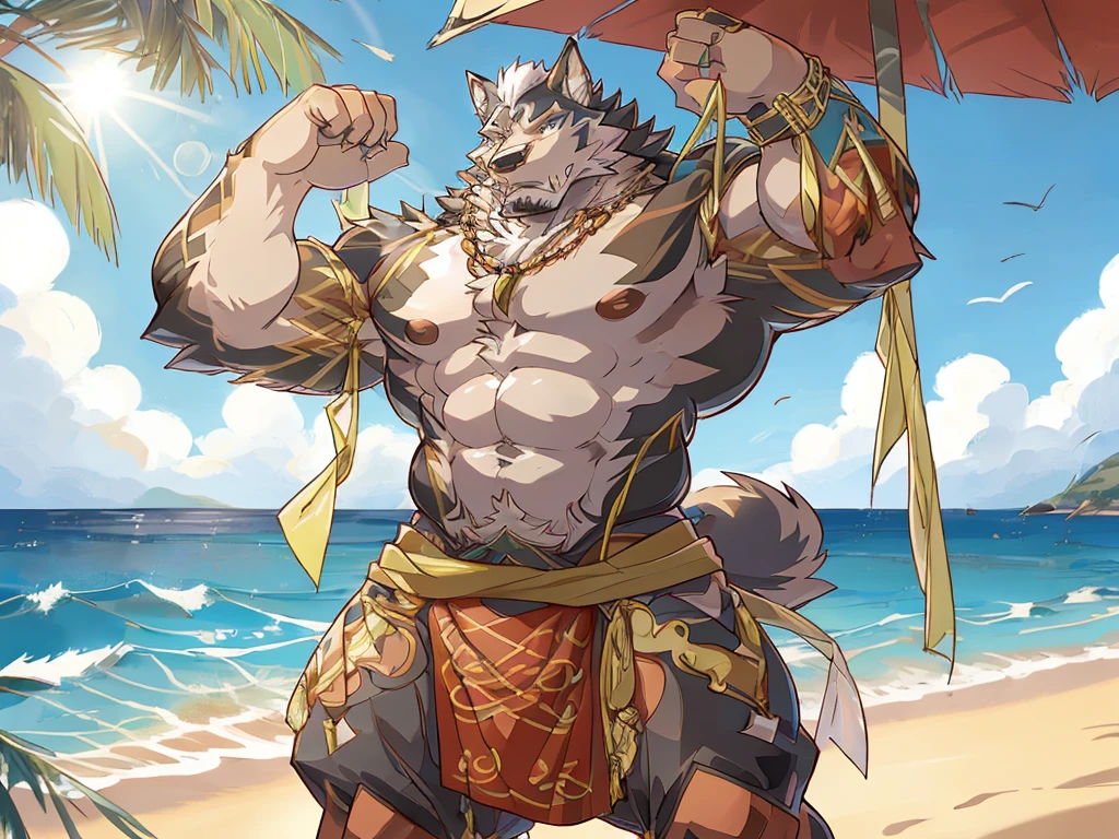 Um lobo musculoso incrivelmente bonito e gostoso com asas gigantes negras em uma pose sexy apenas de cueca em um praia linda.