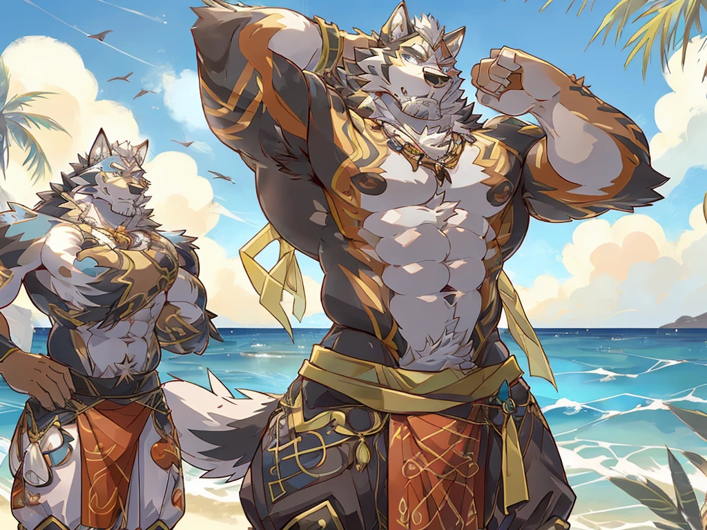 Um lobo musculoso incrivelmente bonito e gostoso com asas gigantes negras em uma pose sexy apenas de cueca em um praia linda.