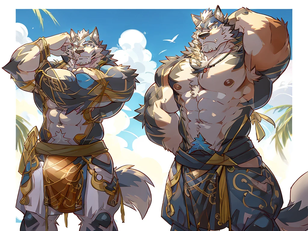 A character reference sheet with multiple poses of a shirtless masculine, fat, bulky anthropomorphic chinese foo dog, guardian lion with a fluffy curly mane and tail and an autumn motif. Strong, masculine, mischievous, jolly, kind. Pastel colours