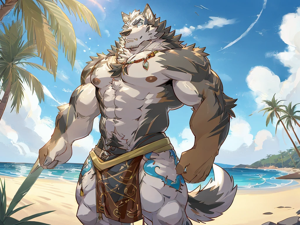 Um lobo musculoso incrivelmente bonito e gostoso com asas gigantes negras em uma pose sexy apenas de cueca em um praia linda.