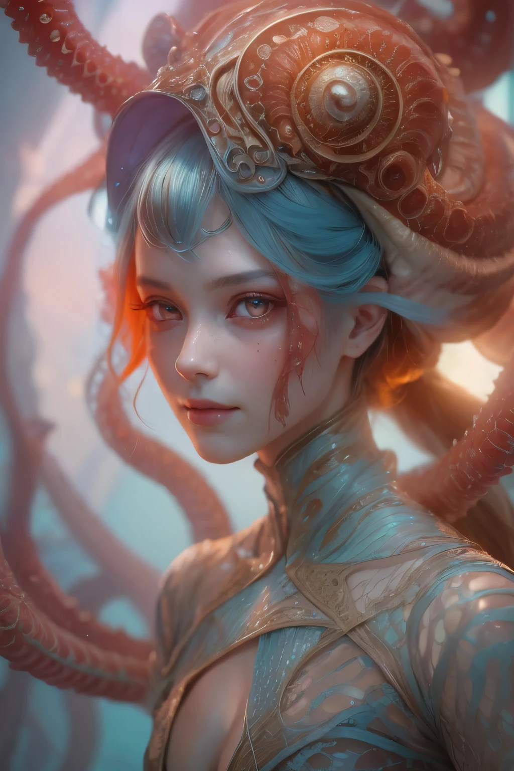 Portrait, (1 beautiful female alien:1.2),  (There is a female genital-like organ in the middle of the forehead:1.8), (The most beautiful face in the history of the universe:1.2), (Scarlet eyes that shine mysteriously:1.6), (Translucent skin:1.8), an evil gaze that seduces, (red eyes:1.5), (large mouth:1.1), sharp teeth like a shark, Full body like, (bio luminescent:1.2), (Smile wickedly:1.3),  (sexypose:1.5), alien, No humans, cells are fused, (Lots of translucent tentacles:1.1) (Translucent skin:1.3), extraterrestrial, cell, bio image, Best Quality, 8K,4K_quality, High Definition, Dramatic Lighting, masutepiece:1.5,cinematic quality, detail up, (Intricate details:1.2), High resolution, High Definition, drawing faithfully, (Thick eyebrows:1.2), Beautiful eyes with fine symmetry, (Ultra detailed eyes:1.2),(Highly detailed face and eyes:1.2), (High-resolution red-eye:1.4), Intimate face, (Super detailed skin quality feeling:1.4), Perfect Anatomy,  (Beautiful toned body:1.5),  (Moist skin:1.2), No makeup, (dark circles:1.1), long canines, cinematic drawing of characters, ultra high quality model, cinematic quality, detail up, (Intricate details:1.2), High resolution, High Definition, drawing faithfully, Official art, Unity 8K wall  , 8K Portrait, Best Quality, Very High resolution, ultra detailed artistic photography, midnight aura,  unreal enginee 5, Ultra Sharp Focus, art by alberto seveso, ArtGerm, Roisch, intricate artwork, best quality, masutepiece, ultra High resolution, (photos realistic:1.4), Ultra-realistic realism, dream-like,  nautilus, Creation of fantasy, Snail, Dream Snail,  (biopunk nautilus:1.3), Thrilling color schemes， Ultra-realistic realism， seductively smiling, Blue tentacles