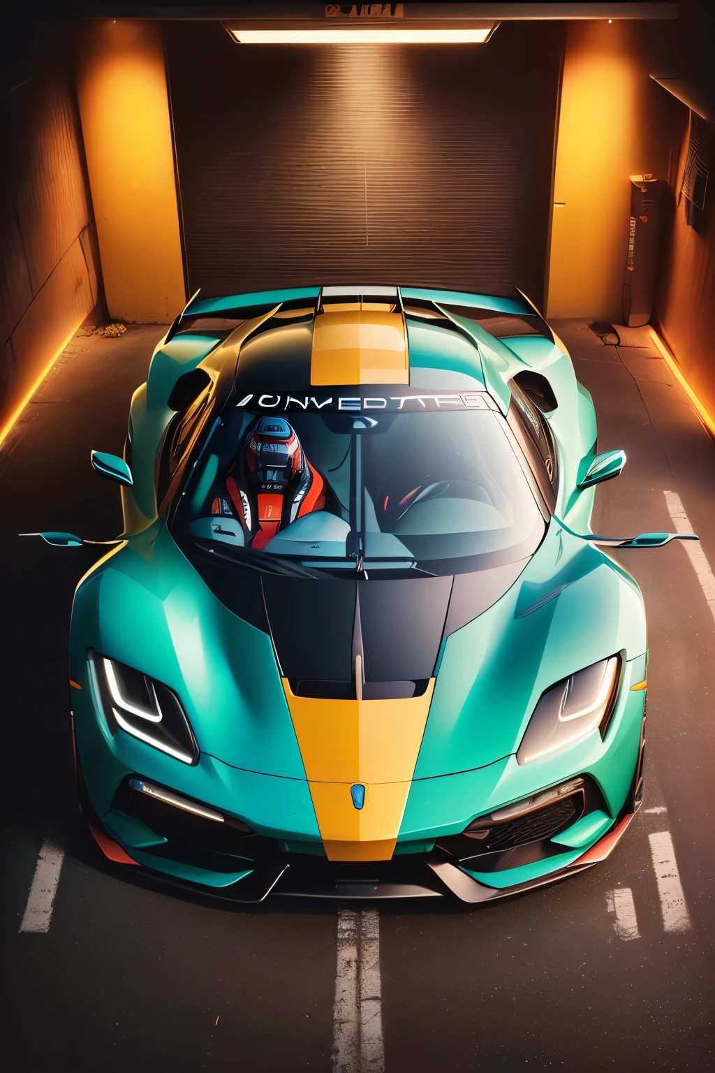 (((poster style with neon colors and neon lines of 1 futuristic sports car parked in front of a garage, vehicle, full body photo, wide angel, sport car, highlight, album, slr, sportcar, vehicle photography, full view of a sport car, new vehicle, exotic, poster photo, formulae, wheels, high detail, glowing light, cinematic lighting, masterpiece, ccurate, textured skin, super detail, high quality, award winning, highres, 4K, 8k, ((( no people))), (((No license plate)))