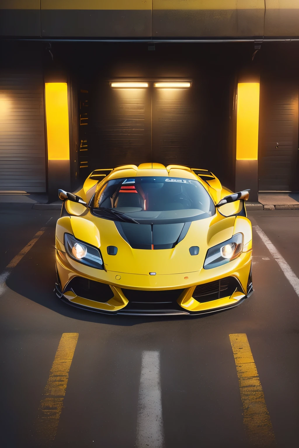 (((poster style with neon colors and neon lines of 1 futuristic sports car  parked in front of a garage, vehicle, full body photo, wide angel, sport car, highlight, album, slr, sportcar, vehicle photography, lotus, sports car, full view of a sport car, photo mid shot, new vehicle, exotic, album photo, black and yellow and red scheme, formulae, wheels, high detail, glowing light, cinematic lighting, masterpiece, ccurate, textured skin, super detail, high quality, award winning, highres, 4K, 8k, ((( no people))), (((No license plate)))