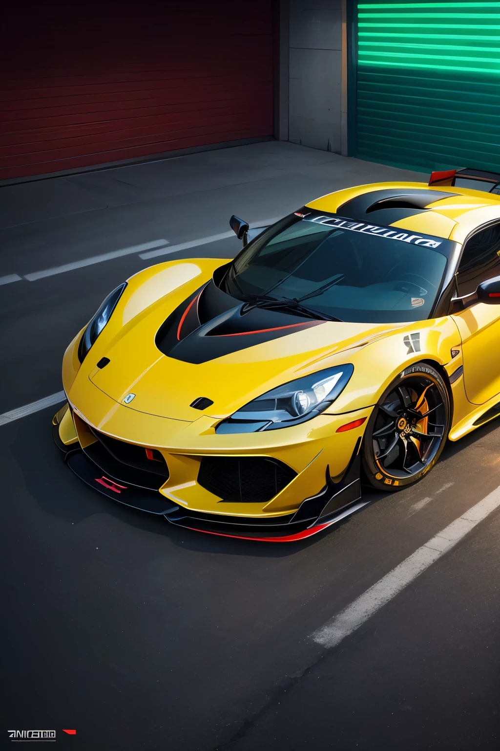 poster style with neon colors and lines of 1car  parked in front of a garage, vehicle, full body photo, wide angel, sport car, highlight, album, slr, sportcar, vehicle photography, lotus, sports car, full view of a sport car, photo mid shot, new vehicle, exotic, album photo, black and yellow and red scheme, formulae, wheels, high detail, glowing light, cinematic lighting, masterpiece, ccurate, textured skin, super detail, high quality, award winning, highres, 4K, 8k, ((( no people))), (((No license plate)))