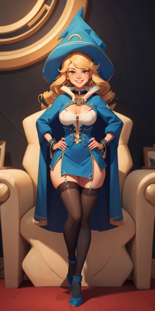 (4k, Prominence in Masterpiece, High Quality, Best Quality: 1.2) full body, 1 child female, solo, 1 girl, lustful smirking smile blush, looking at viewer, sitting on chair with legs crossed, big black thighs stocking, big breasts (cover with blue) ((SFW)), hands on hips, wide hips, blonde long hair, blonde drill hair, blonde twin drills hair, blue wizard hat, Handcuffs on their hands, With a collar around the neck