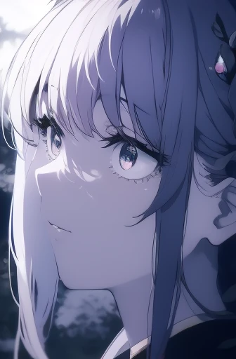 ((black and white)), ((anime girl)), ((manga illustration)), ((in the style of Chi no Wadachi)), (masterpiece), best quality, expressive eyes, perfect face, A girl stands amidst a forest clearing, surrounded by a starry night sky that stretches overhead. The soft glow of the moon illuminates her face, shining down upon her like a silver crown. As she turns her head to take in her surroundings, she notices a field of wildflowers spreading out before her, and dancing butterflies