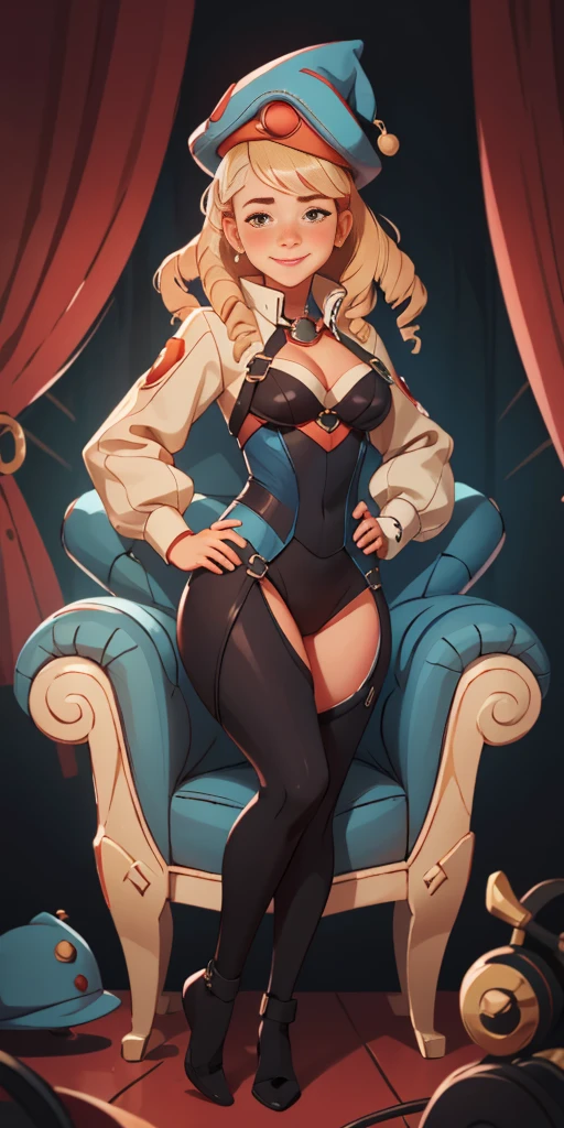 (4k, Prominence in Masterpiece, High Quality, Best Quality: 1.2) full body, 1 female, solo, 1 girl, lustful smirking smile blush, looking at viewer, sitting on chair with legs crossed, big black thighs stocking, big breasts (cover with blue) ((SFW)), hands on hips, wide hips, blonde long hair, blonde drill hair, blonde twin drills hair, blue wizard hat, Handcuffs on their hands, With a collar around the neck