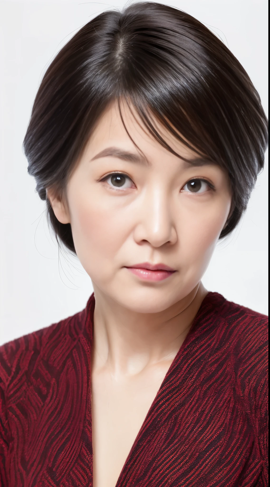 (((Solo))), Elderly mature woman pure white background, gravure, facing front, ((Center the screen)), Wear a bra, describe the lips correctly,red-lips, Fancy makeup, from the chest up, masuter piece, Best Quality, Ultra-detailed, Photorealistic, Ultra-detailed細なスキン, Perfect Anatomy, (1 japanese mature woman), (positive), 95 years old, Tremendous big, fashion modell, glamor, A sexy, Chromo-white skin, Looking at Viewer,