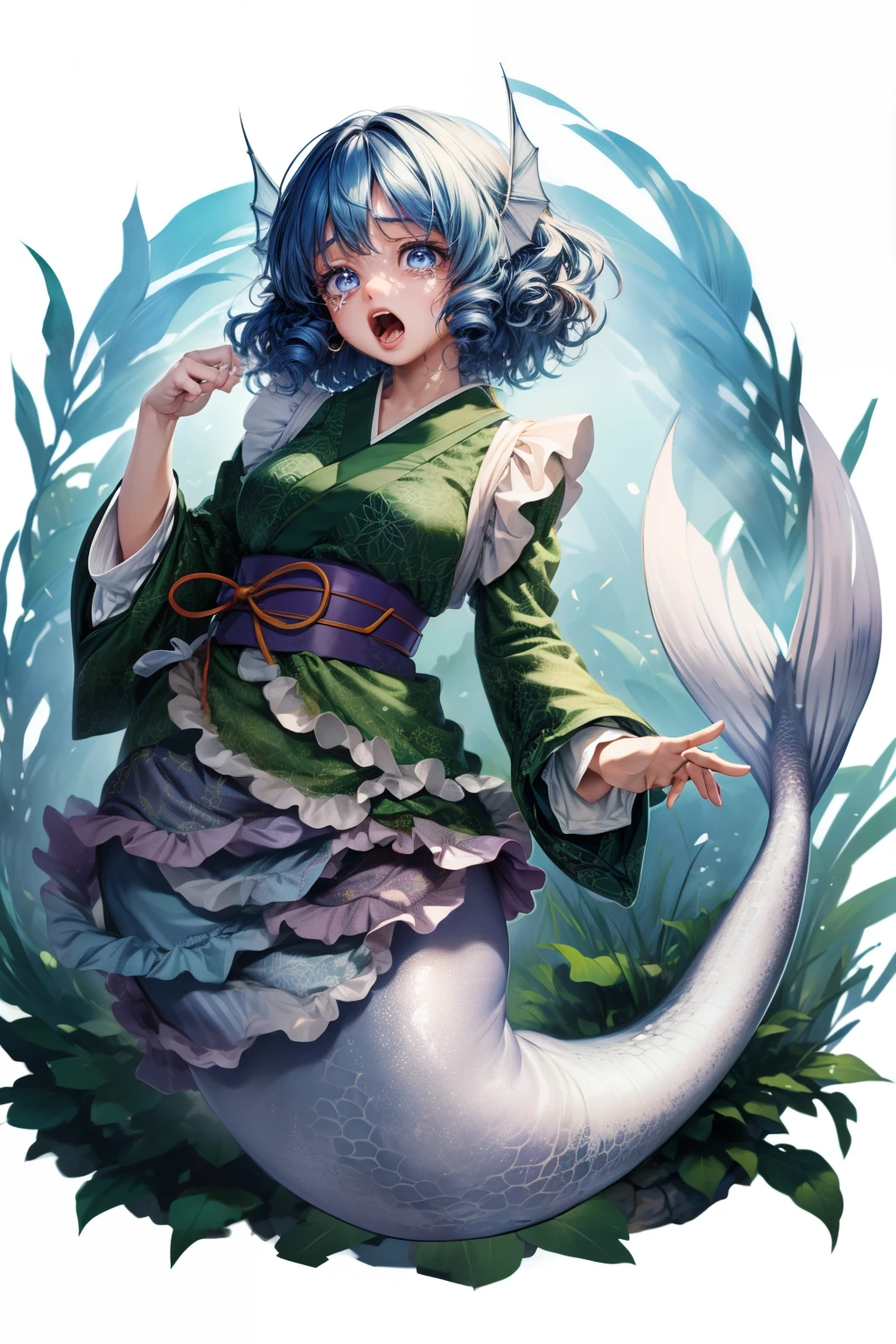 (masterpiece, top quality, best quality, beautiful and aesthetic:1.2), wakasagihime, 1girl,mermaid, monster girl,blue hair,short hair,blue eyes,head fins,japanese clothes, kimono,sash,obi,wide sleeves, long sleeves,, japanese architecture, surprised, :o, beam, laser, glaring body, open box, box, open mouth, jaw drop, wide-eyed, panicking, horrified, screaming, sobbing, traumatized, turn pale, wavy mouth, glowing, glow, outer glow