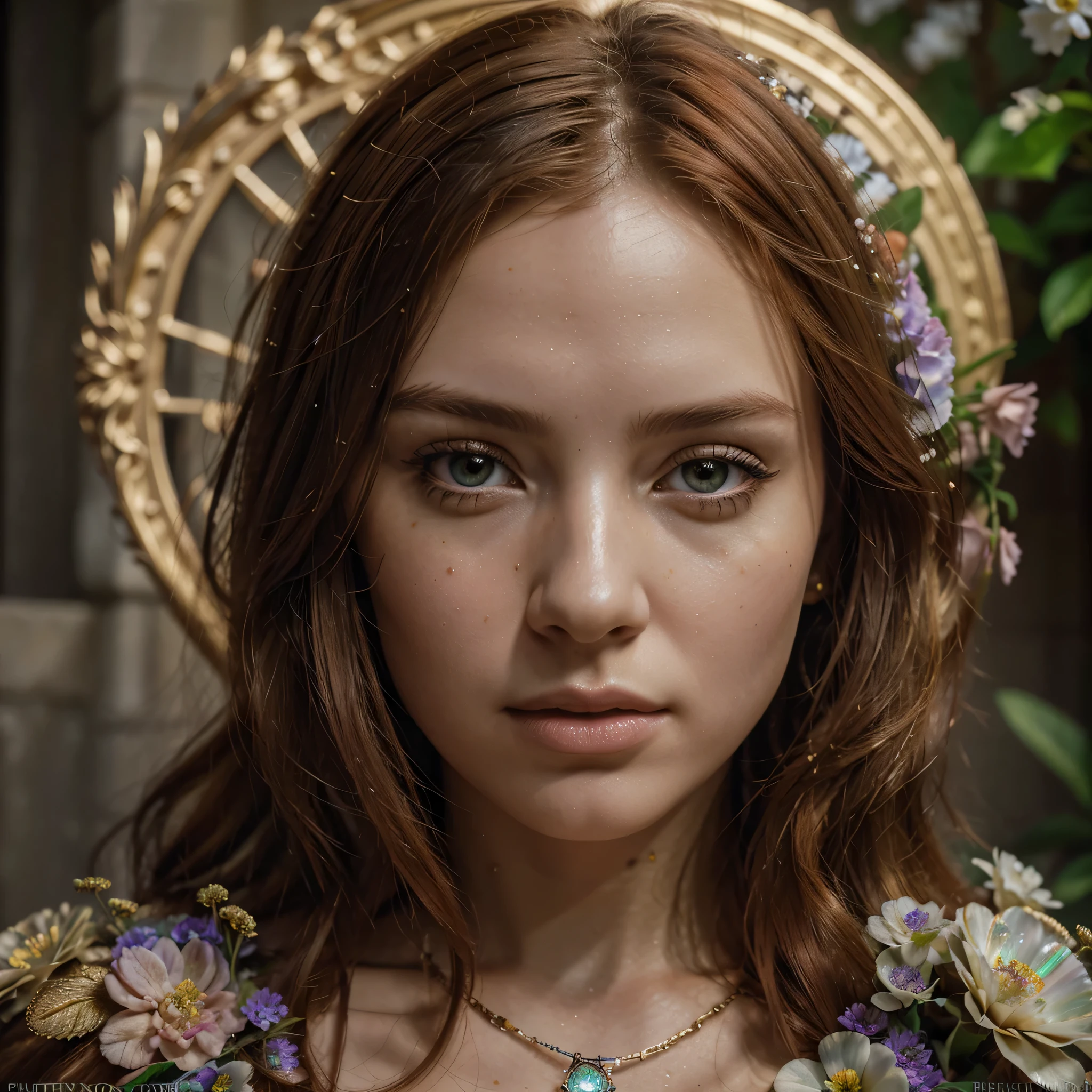 RAW uhd portrait of 24-year-old blonde close-up, Natural red hair, castles, Wavy, (brown-eyed woman) Broken Glass effect, molecular, textures, iridescent and luminescent scales, fantasy stone patio and arches , baroque style, (((luxurious flowers))), chibby pixar colorful background ethereal mist, digital Art, perfect composition, beautiful detailed intricate insanely detailed octane render trending on artstation, 8 k artistic photography, photorealistic concept art, soft natural volumetric cinematic perfect light, chiaroscuro, award - winning photograph, masterpiece, oil on canvas, raphael, caravaggio, greg rutkowski, beeple, beksinski, giger, hypersonic, 8k, stunning quality, octane render, trending on artstation, sharp focus, studio photo, intricate details, highly detailed, by greg rutkowski , Prehistory, garden, redhead, (Yellow Summer Dress), (cutout), Detailed (textures!, Hair!, brightness, Color!, imperfections:1.1), High detail of light eyes, (looking at the camera), specular lighting, dslr, ultra quality, sharp-focus, Sharp, Depth of field, Film grain, (centered), Fujifilm XT3, Crystal clear, The center of the frame, cute face, sharp-focus, bokeh, (dimly lit), Low key, (day sky) day.