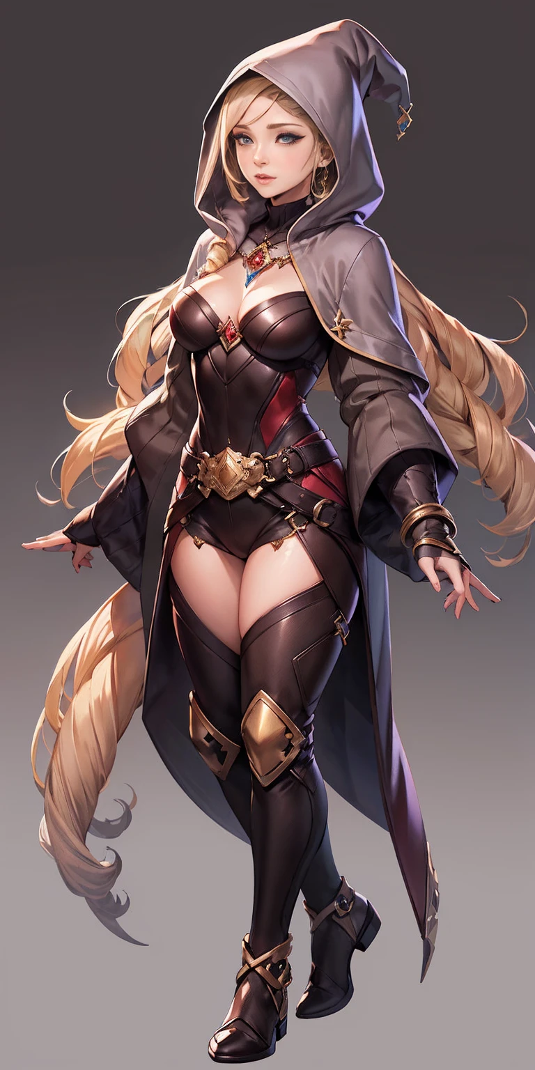 mstoconcept art, european and american cartoons, game character design, solo, 1girl, MAGICIAN, FEMALE FOCUS, GRAY BACKGROUND, WIZARD, FULL BODY, STANDING, HOOD, ROBE, MILF, JEWELRY, LONG BLONDE HAIR, BRACELET, WIDE SLEEVES, WOMAN, BELT, GEMSTONE, LONG SLEEVES, FEMALE VERSION