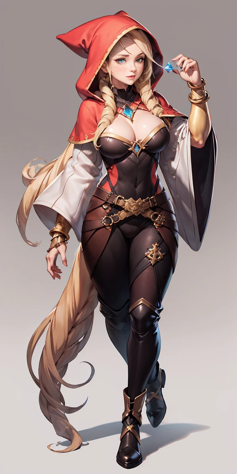 mstoconcept art, european and american cartoons, game character design, solo, 1girl, MAGICIAN, FEMALE FOCUS, GRAY BACKGROUND, WIZARD, FULL BODY, STANDING, HOOD, ROBE, MILF, JEWELRY, LONG BLONDE HAIR, BRACELET, WIDE SLEEVES, WOMAN, BELT, GEMSTONE, LONG SLEEVES, FEMALE VERSION
