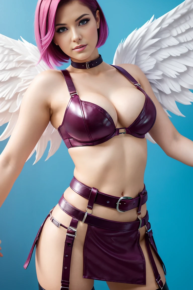 25 year old woman with short undercut magenta hair dressed in a skimpy angel mistress outfit with leather miniskirt, cleavage, belt, wings. Blue eyes with eye liner. Neutral background