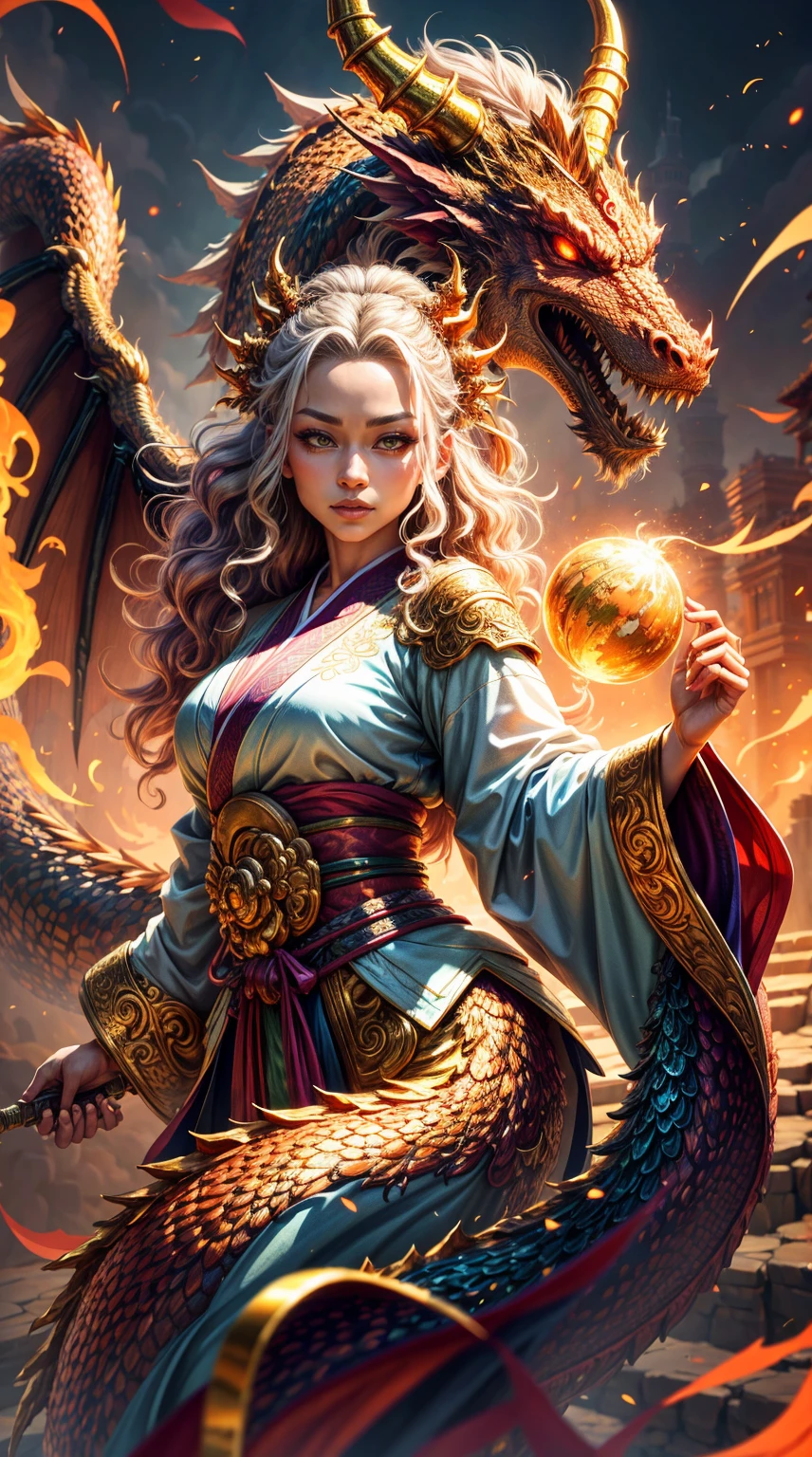 Amazing illustration of one beautiful girl and a dragon, Beautiful rainbow kimono, masutepiece, Golden Chinese dragon surrounded by gold dust, Wind, god, long wavy body, tusk, Fantasy, myth, High quality, Highly detailed, masutepiece, epicd, Particle effect, dynamic effect, The eyes are crystal, Good luck, Gold background, Rising fortune, gold, Sunrise, Sun, One head, Realistic, Dragon God, eyes are white, The background is golden, Seven Colors of Radiance,