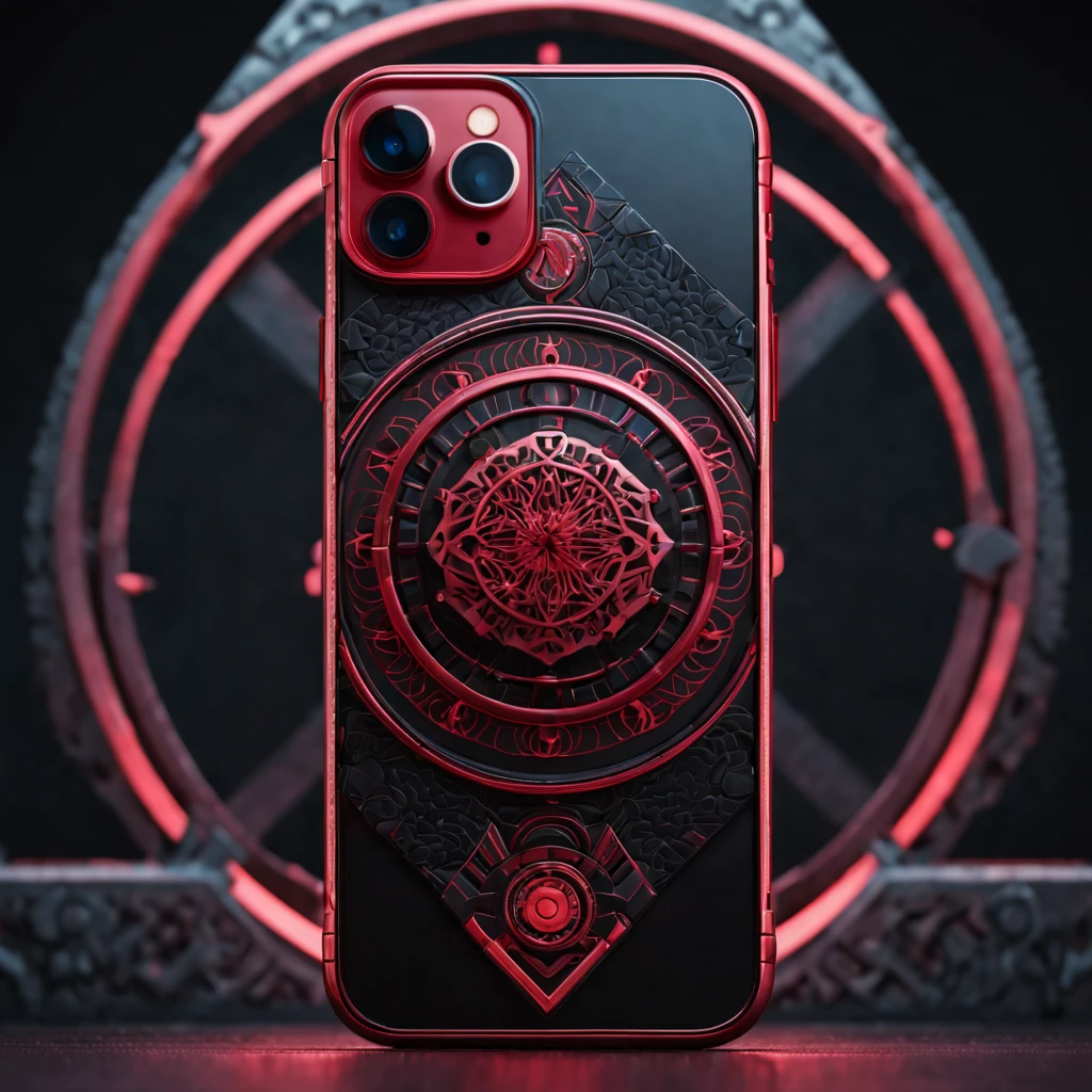 hyper realistic and hyper detailed, crafted by caveman, a giant iPhone 12 pro fused into a sacred geometry samurai , symmetrical, black and crimson , gradient, retro futurism sci-fi, ultra realistic, octane render, cinematic,epic realism