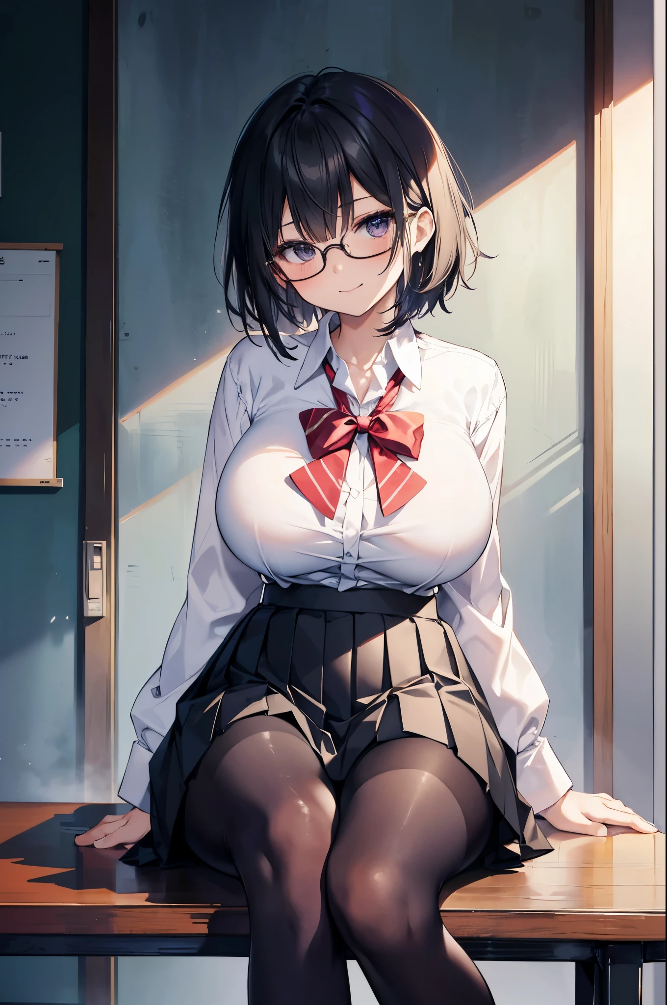 best quality, high resolution, anatomical, precise proportion, 1girl, petite, cute, shinny, luster skin, Healthy skin, Round face, Smiling, classroom, cardigan, (black thigh-highsocks), bob cut hair, eyeglasses, NSFW, pointy breast