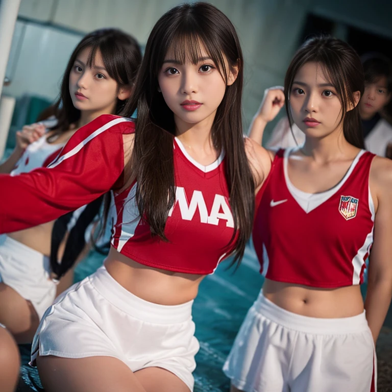 (ultra-detailliert、hight resolution、Raw photo)、cheer girl、(cheer girlコスチューム)、groin、opening legs、perspiring