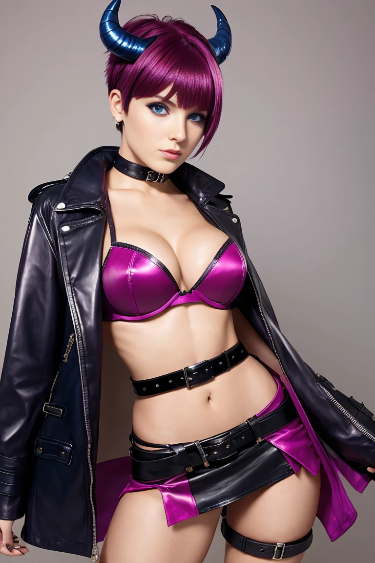 25 year old woman with short undercut magenta hair dressed in a skimpy devil mistress outfit with leather miniskirt, cleavage, belt. Blue eyes with eye liner. Neutral background