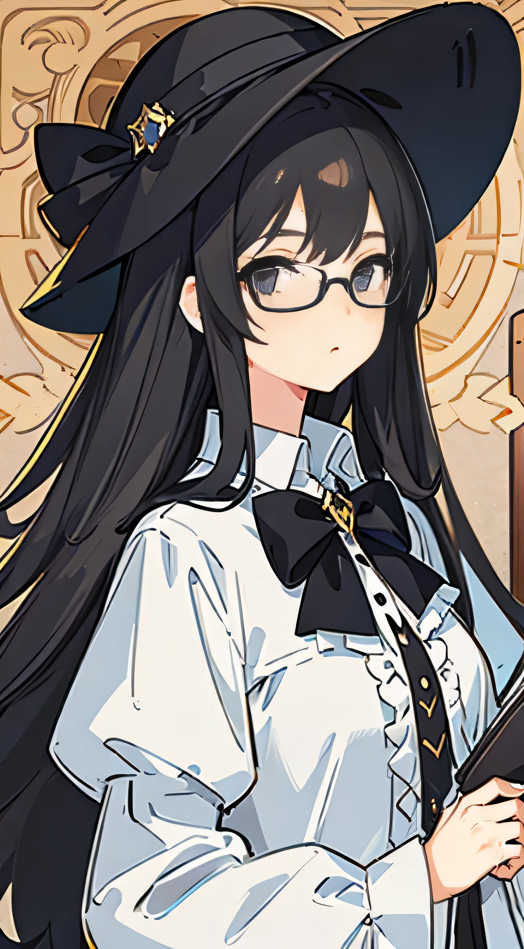 {masterpiece},{best quality},{1girl}, cute, Amazing, beautiful detailed eyes, black eyes, black hair, glasses, floppy hat, finely detail, Depth of field, extremely detailed CG, original, extremely detailed wallpaper, upper body, looking at viewer