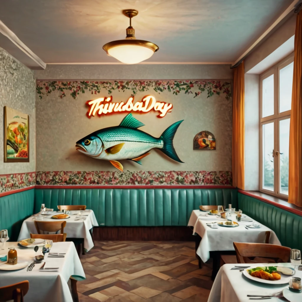 Artistic photograph of a 1980-era restaurant dining room, style of the USSR, There is a poster on the wall in the dining room that says "Thursday - fish day", There are fish dishes on the dinner tables, all fish food, Maximum realism, high detail, Ultra-detailed, Realistic, photoRealistic:1.37, studio lightning, Raw photos, full - body.