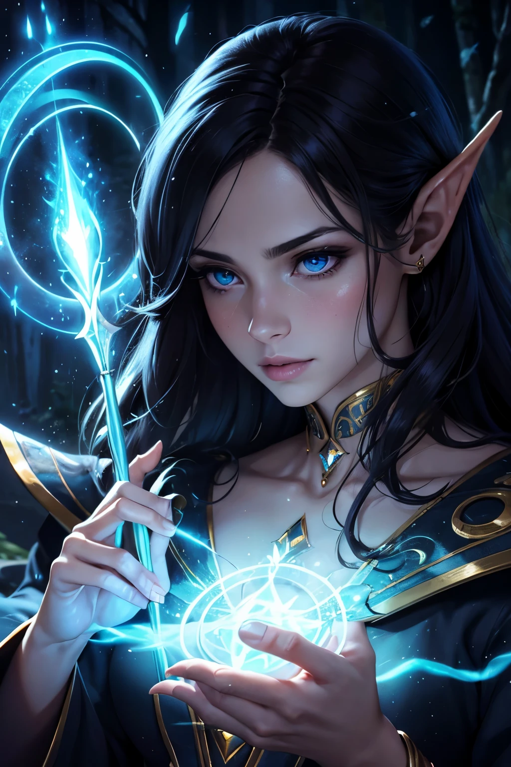 (highres,realistic),(anime,portrait),lunar magic sorcerer,black haired,cool blue eyes,light skin,tall and slim,[half-elf],beautiful detailed eyes,beautiful detailed lips, graceful movements, ethereal glow,moonlight shining,enchanted forest background,wisps of magic,flowing robes,celestial staff,casting powerful spells, mysterious aura, elven tattoos, shimmering runes, magical energy pulsating, serene expression